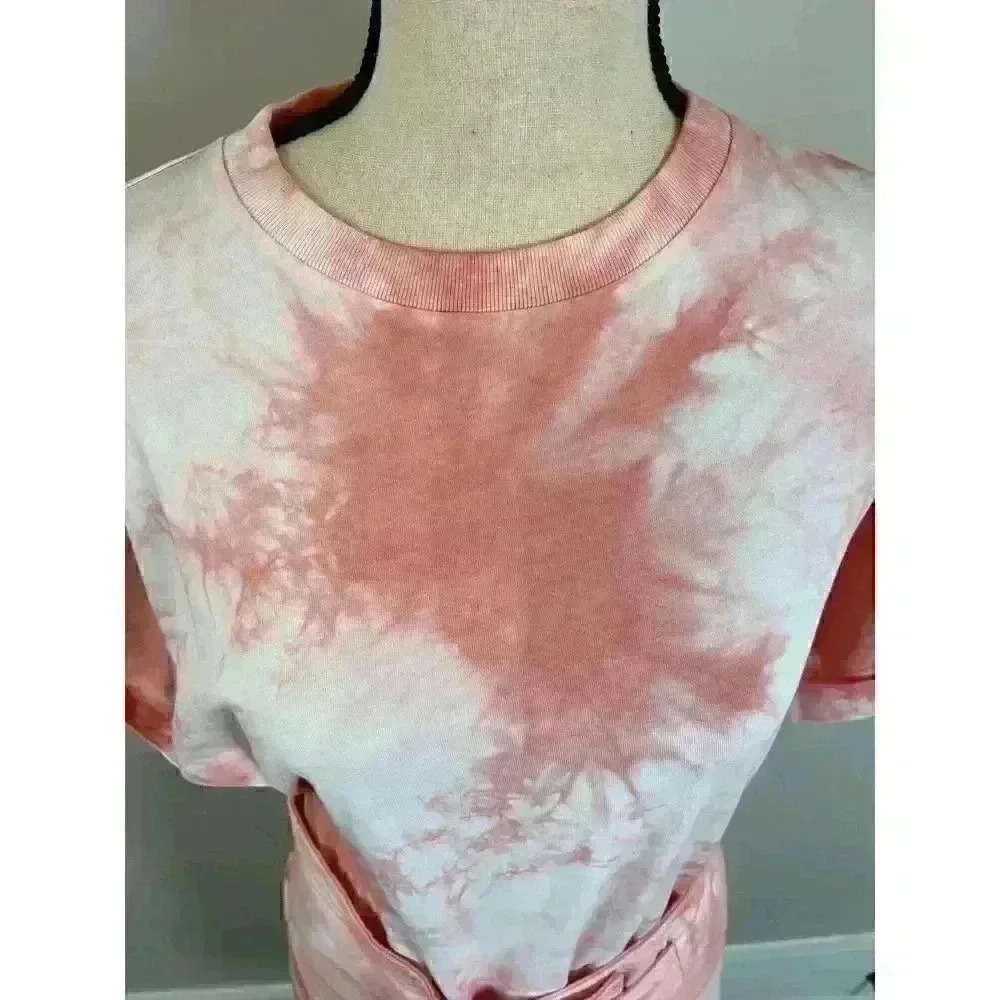Rebecca Minkoff Tie Dye Pink T-Shirt Beach Dress With Belt Bow Rolled Sleeves XS - Picture 6 of 12